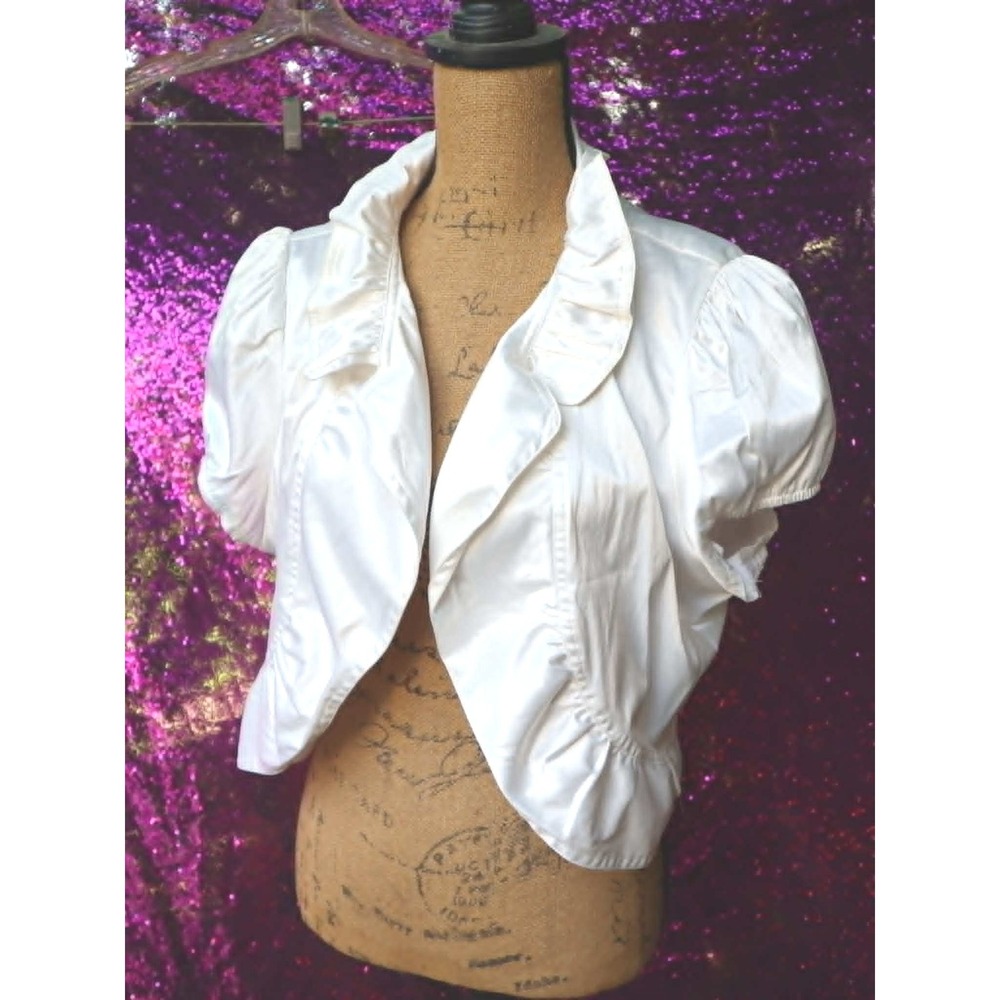 Cream Cropped Bolero 1X Siren Lily Women Ruffle Trim Puff Sleeve Satin Shrug